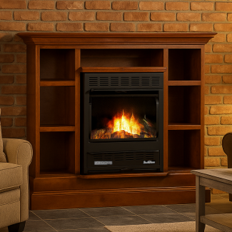 Buck Stove 1127 Ventless Gas Fireplace with Prestige Mantel, Logs & Blower - NV C11272/PA KDM1127PRES
