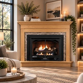 Buck Stove 384 Vent Free Gas Fireplace with Light Oak Contemporary Corner Mantel for Natural Gas