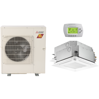 20,000 BTU Mitsubishi P-Series 19.3 SEER2 Dual Zone Ceiling Cassette Mini Split Hyper Heat Pump System - R454B | 9 + 9