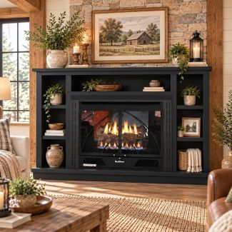 Buck Stove 34 Contemporary Vent Free Gas Fireplace with Black Prestige Bookcase Flat Wall Mantel for Propane