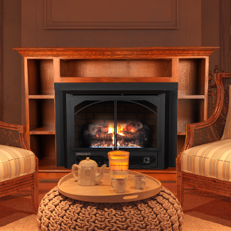 Buck Stove 384 34" Ventless Gas Fireplace with Logs & Blower - NV 3844LP-DOORS/NV 3844NAT-DOORS