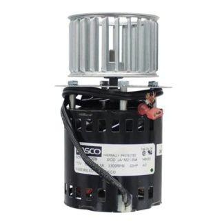Reznor RZ096288 electric fan motor with a cylindrical metallic body, protruding drive shaft, and attached wiring harness