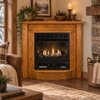 Buck Stove 1127 Vent Free Gas Fireplace with Dark Oak Deluxe Corner  Mantel for Propane