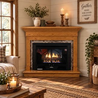 Buck Stove 34 Contemporary Vent Free Gas Fireplace with Light Oak Contemporary Corner Mantel for Propane