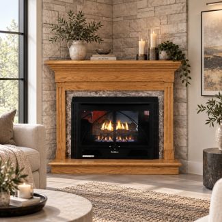 Buck Stove 34 Contemporary Vent Free Gas Fireplace with Light Oak Contemporary Corner Mantel for Natural Gas