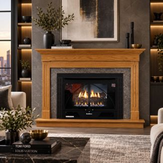 Buck Stove 34 Contemporary Vent Free Gas Fireplace with Dark Oak Contemporary Flat Wall Mantel for Natural Gas