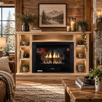 Buck Stove 34 Contemporary Vent Free Gas Fireplace with Light Oak Prestige Bookcase Flat Wall Mantel for Propane
