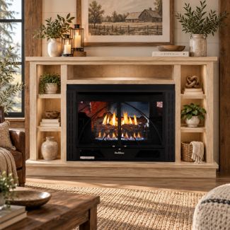 Buck Stove 34 Contemporary Vent Free Gas Fireplace with Unfinished Oak Prestige Bookcase Flat Wall Mantel for Propane