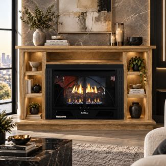 Buck Stove 34 Contemporary Vent Free Gas Fireplace with Dark Oak Prestige Bookcase Flat Wall Mantel for Natural Gas