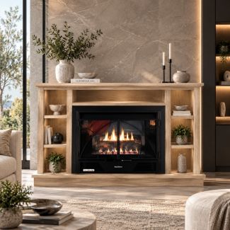 Buck Stove 34 Contemporary Vent Free Gas Fireplace with Light Oak Prestige Bookcase Flat Wall Mantel for Natural Gas