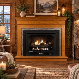 Buck Stove 384 Vent Free Gas Fireplace with Dark Oak Contemporary Flat Wall Mantel for Propane