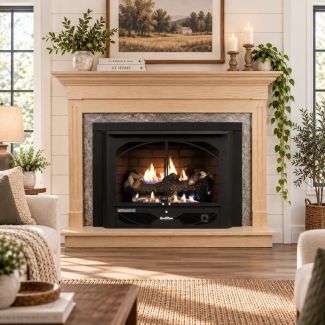 Buck Stove 384 Vent Free Gas Fireplace with Unfinished Oak Contemporary Flat Wall Mantel for Natural Gas
