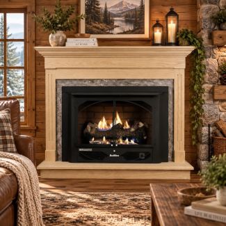Buck Stove 384 Vent Free Gas Fireplace with Unfinished Oak Contemporary Flat Wall Mantel for Propane
