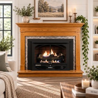 Buck Stove 384 Vent Free Gas Fireplace with Light Oak Contemporary Flat Wall Mantel for Natural Gas