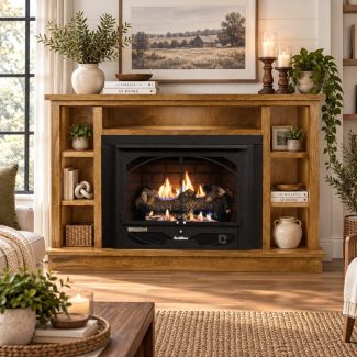 Buck Stove 384 Vent Free Gas Fireplace with Dark Oak Prestige Bookcase Flat Wall Mantel for Natural Gas