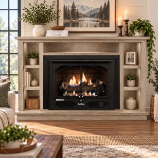Buck Stove 384 Vent Free Gas Fireplace with Unfinished Oak Prestige Bookcase Flat Wall Mantel for Natural Gas