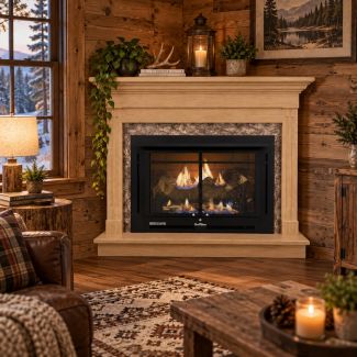 Buck Stove 34 Manhattan Vent Free Gas Fireplace with Unfinished Oak Contemporary Corner Mantel for Propane