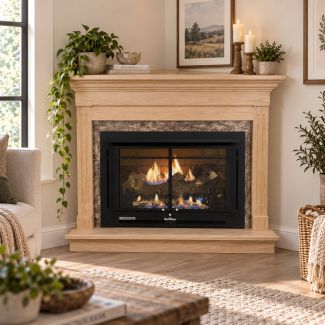 Buck Stove 34 Manhattan Vent Free Gas Fireplace with Unfinished Oak Contemporary Corner Mantel for Natural Gas