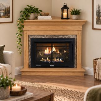 Buck Stove 34 Manhattan Vent Free Gas Fireplace with Light Oak Contemporary Corner Mantel for Natural Gas
