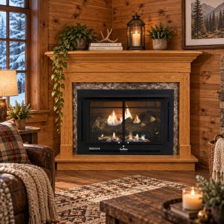 Buck Stove 34 Manhattan Vent Free Gas Fireplace with Dark Oak Contemporary Corner Mantel for Propane