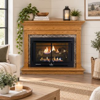 Buck Stove 34 Manhattan Vent Free Gas Fireplace with Dark Oak Contemporary Corner Mantel for Natural Gas