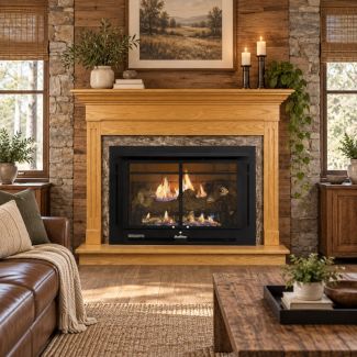 Buck Stove 34 Manhattan Vent Free Gas Fireplace with Light Oak Contemporary Flat Wall Mantel for Propane