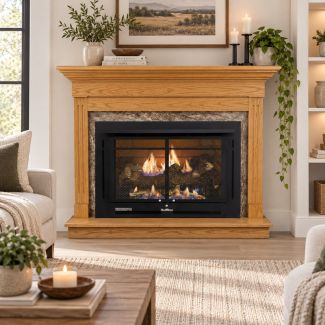 Buck Stove 34 Manhattan Vent Free Gas Fireplace with Light Oak Contemporary Flat Wall Mantel for Natural Gas