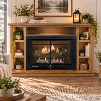 Buck Stove 34 Manhattan Vent Free Gas Fireplace with Dark Oak Prestige Bookcase Flat Wall Mantel for Natural Gas