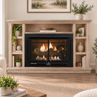 Buck Stove 34 Manhattan Vent Free Gas Fireplace with Unfinished Oak Prestige Bookcase Flat Wall Mantel for Natural Gas