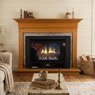 Buck Stove 34 Contemporary Vent Free Gas Fireplace with Dark Oak Contemporary Flat Wall Mantel for Propane