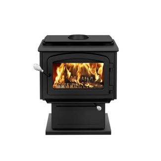 Drolet Escape Medium Wood Burning Stove with Black Door and Pedestal EPA Certified 30% Tax Credit Eligible - Heats 1500 Sq Ft