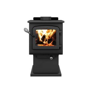 Drolet Escape Small Wood Burning Stove with Black Door and Pedestal EPA Certified 30% Tax Credit Eligible - Heats 1200 Sq Ft