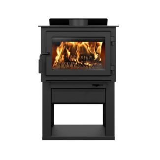 Drolet Deco II Meduim Wood Burning Stove with Black Door and Pedestal EPA Certified 30% Tax Credit Eligible - Heats 1800 Sq Ft