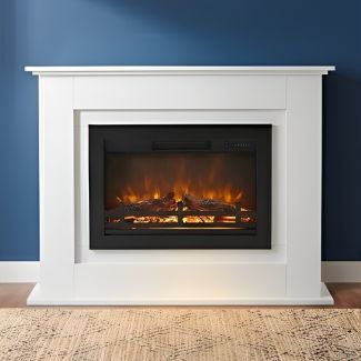 Buck Stove 40" Ember LED Electric Fireplace & White Mantel Package with Remote, 5,000 BTU Heater & Logs for 110/120V