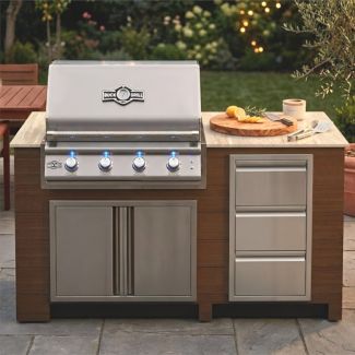6FT Outdoor Kitchen Island with 32" 4-Burner Built-In Gas Grill, Woodgrain Poly Lumber Base & Travertine Countertop by Infinity Living