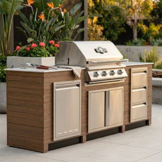 8FT Outdoor Kitchen Island with 32" 4-Burner Built-In Gas Grill, Woodgrain Poly Lumber Base & Travertine Countertop by Infinity Living