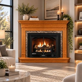 Buck Stove 384 Vent Free Gas Fireplace with Dark Oak Contemporary Corner Mantel for Natural Gas