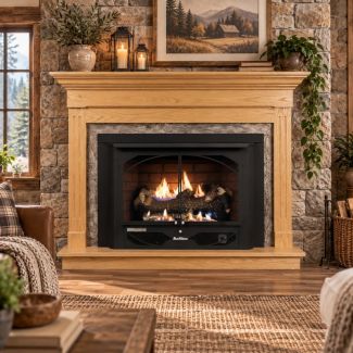 Buck Stove 384 Vent Free Gas Fireplace with Light Oak Contemporary Flat Wall Mantel for Propane