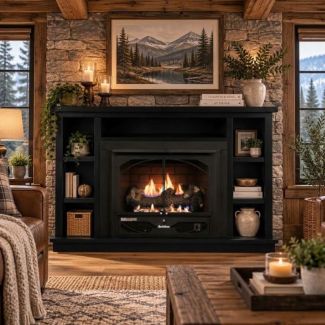Buck Stove 384 Vent Free Gas Fireplace with Black Prestige Bookcase Flat Wall Mantel for Propane