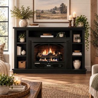 Buck Stove 384 Vent Free Gas Fireplace with Black Prestige Bookcase Flat Wall Mantel for Natural Gas