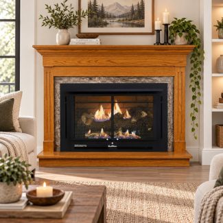Buck Stove 34 Manhattan Vent Free Gas Fireplace with Dark Oak Contemporary Flat Wall Mantel for Natural Gas