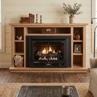 Buck Stove 384 Vent Free Gas Fireplace with Light Oak Prestige Bookcase Flat Wall Mantel for Propane