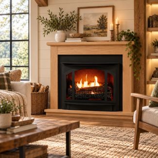 Buck Stove T-33 Vent Free Gas Fireplace with Unfinished Oak Classic Flat Wall Mantel for Propane