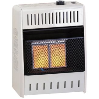 Buck Stove 10,000 BTU Natural Gas wall-mountable vent-free infrared gas space heater with two glowing orange heating plaques visible behind a black protective mesh wire grille