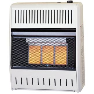 Buck Stove 18,000 BTU Natural Gas wall-mountable vent-free infrared gas space heater with five glowing orange heating plaques visible behind a black protective mesh wire grille