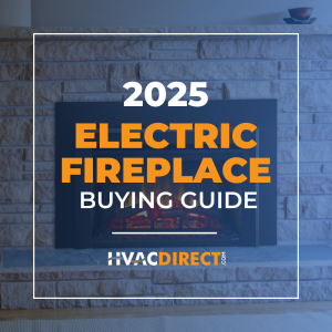 2025 Electric Fireplace Buying Guide cover featuring a modern electric fireplace with realistic flames set in a stone wall surround