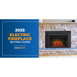 2025 Electric Fireplace Buying Guide cover featuring a modern electric fireplace with realistic flames set in a stone wall surround