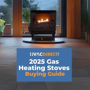 Modern gas heating stove in a cozy living room with flames visible, featured in the 2025 Gas Heating Stoves Buying Guide by HVACDirect.com.
