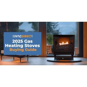 Modern gas heating stove in a cozy living room with flames visible, featured in the 2025 Gas Heating Stoves Buying Guide by HVACDirect.com.