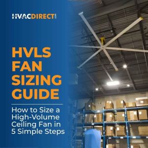 Industrial warehouse with a large HVLS ceiling fan overhead – blog header for HVACDirect.com’s HVLS Fan Sizing Guide explaining how to size a high-volume ceiling fan in five simple steps.